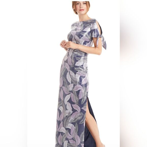 JS COLLECTION CARMEN COLUMN GOWN New size 10 feather print - Picture 3 of 6